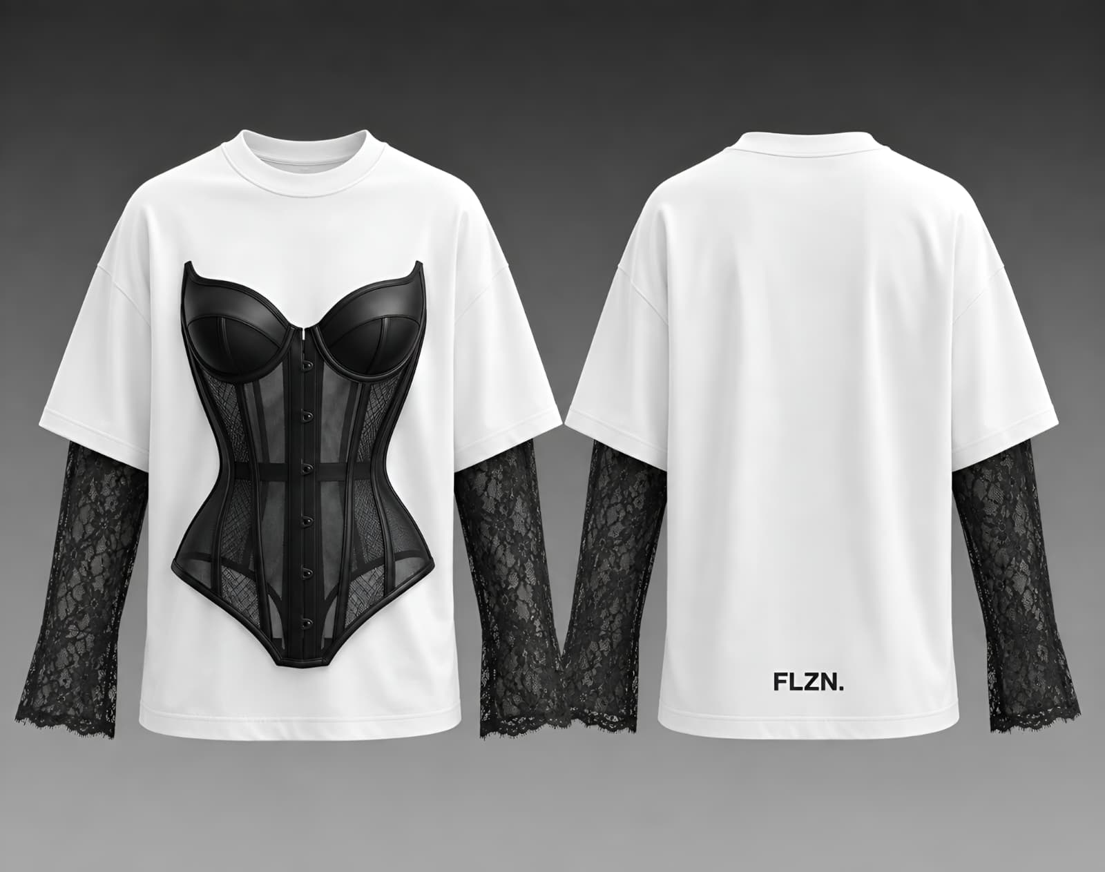 Lace Study 001, white tee with black corset and lace sleeves