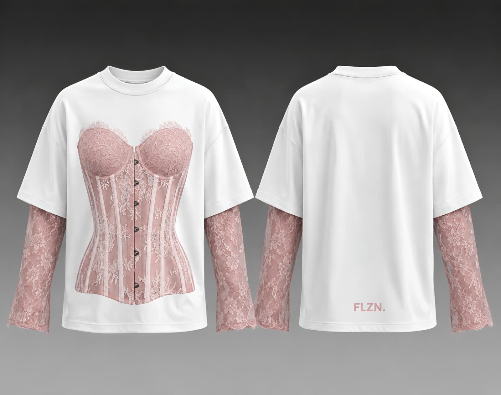Lace Study 002, white tee with pink corset and lace sleeves