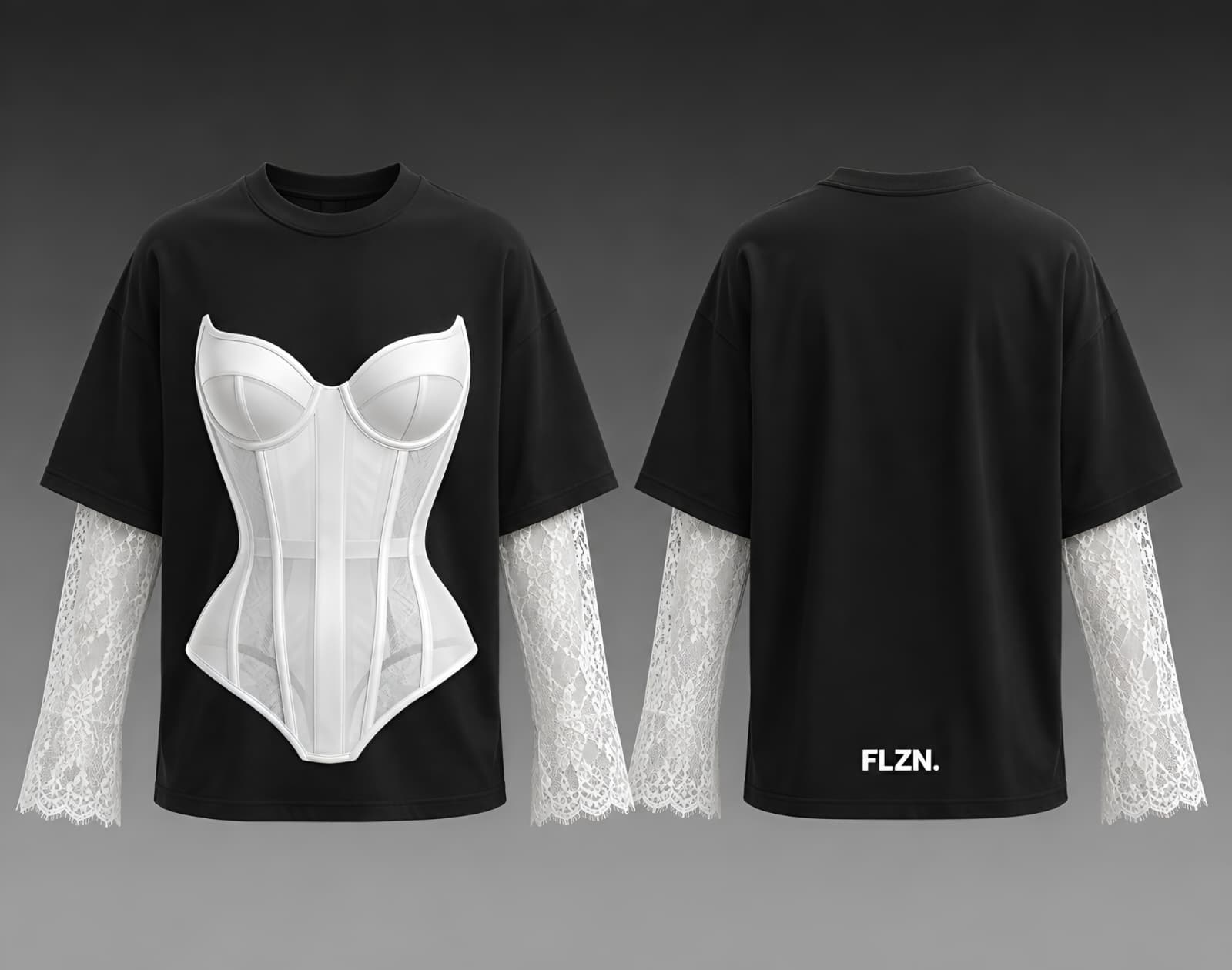 Lace Study 003, black tee with white corset and lace sleeves