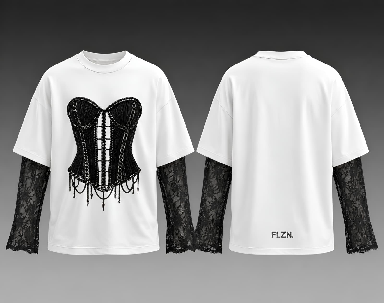 Lace Study 004, white tee with black corset and lace sleeves