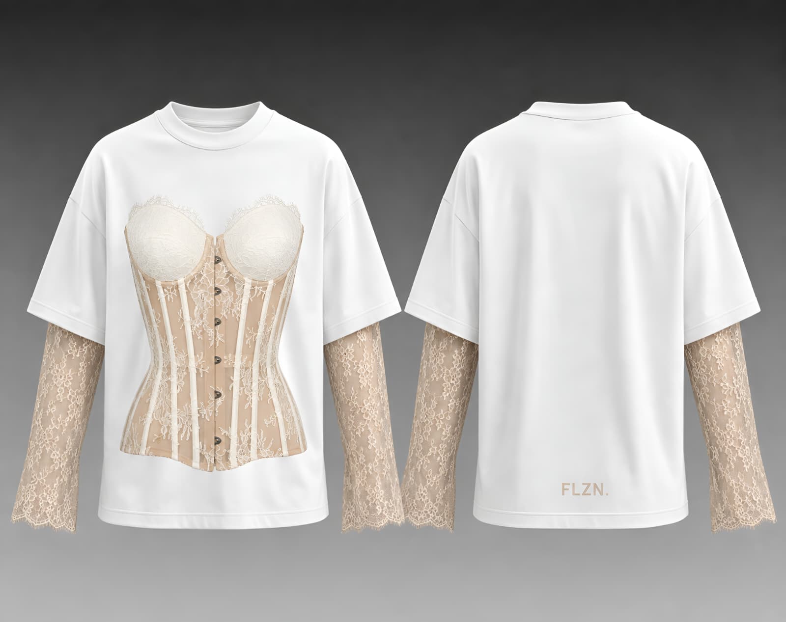 Lace Study 005, white tee with ivory corset and lace sleeves